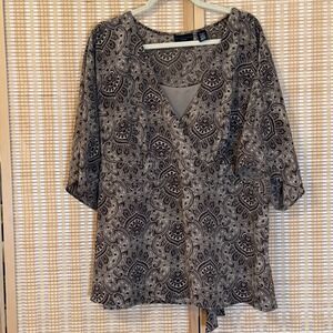 Apostrophe Womens 20-22W Top Geometric Brown 3/4 Sleeve Boho Office Party Resort